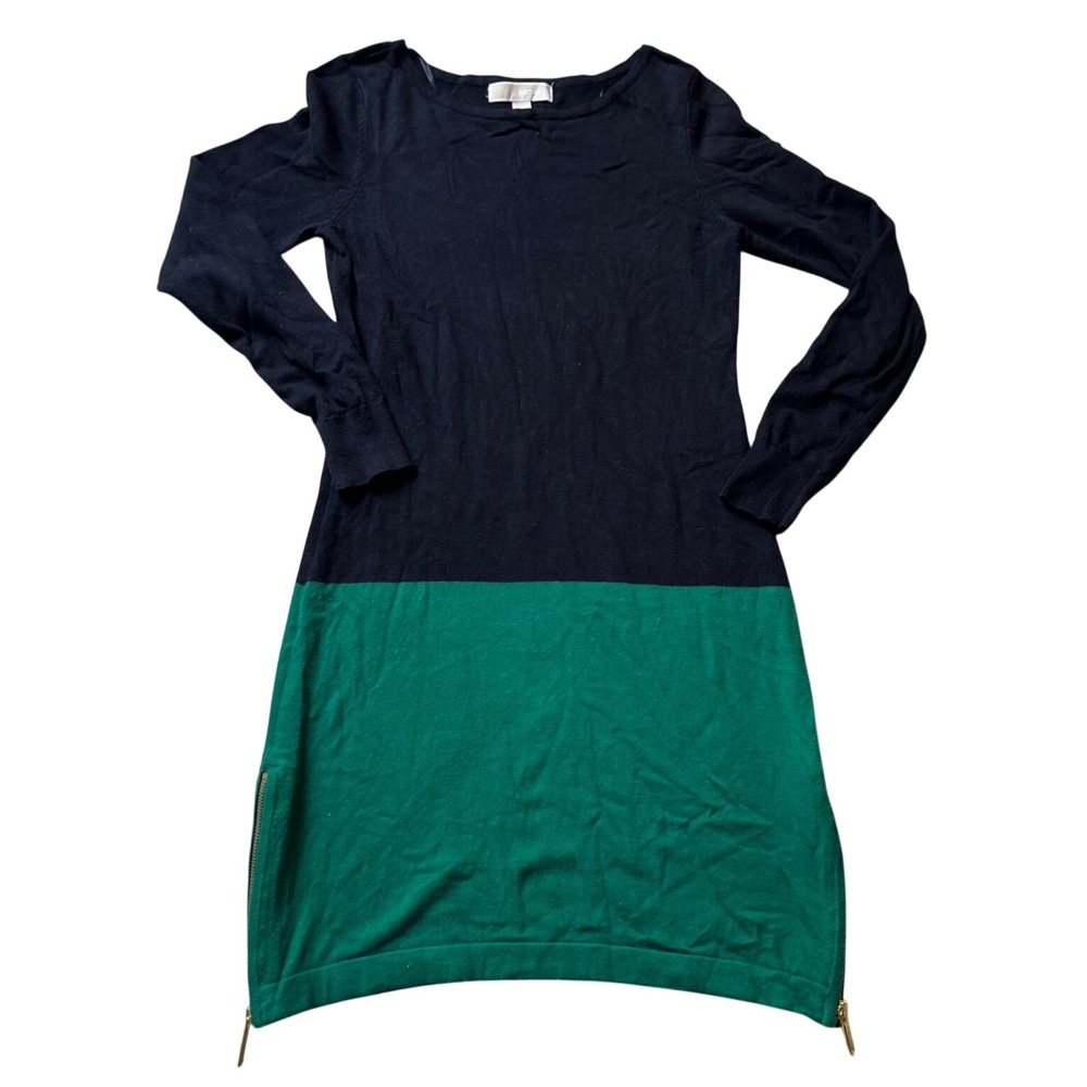 Michael Kors Colorblock Sweater Dress Black Green Gold Side Zips Size S